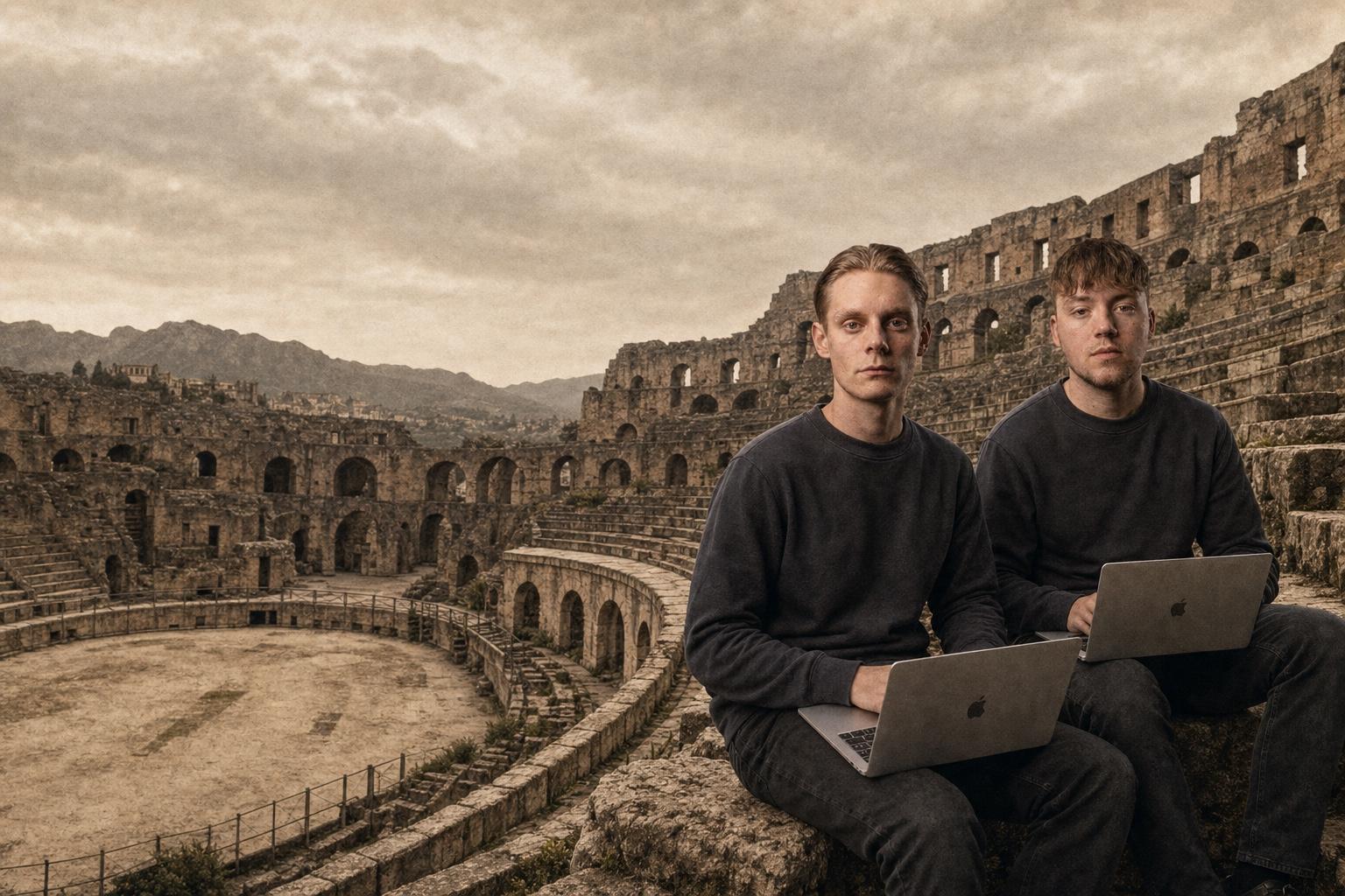 Sichtbarkeitsteam mit Laptops in der Arena des Kolosseums. KI-generiertes Bild.