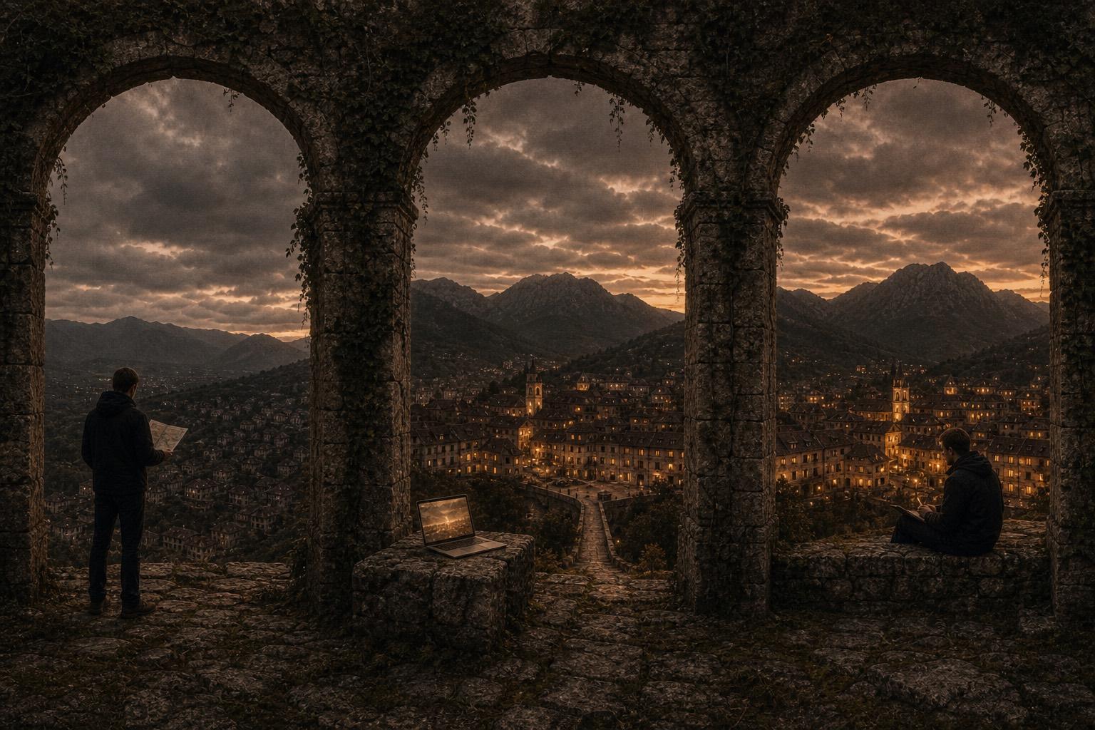 Drei Steinbögen: Stadt prüfen, Seite live, Sichtbarkeit halten — Blick über die Stadt. KI-generiertes Bild.
