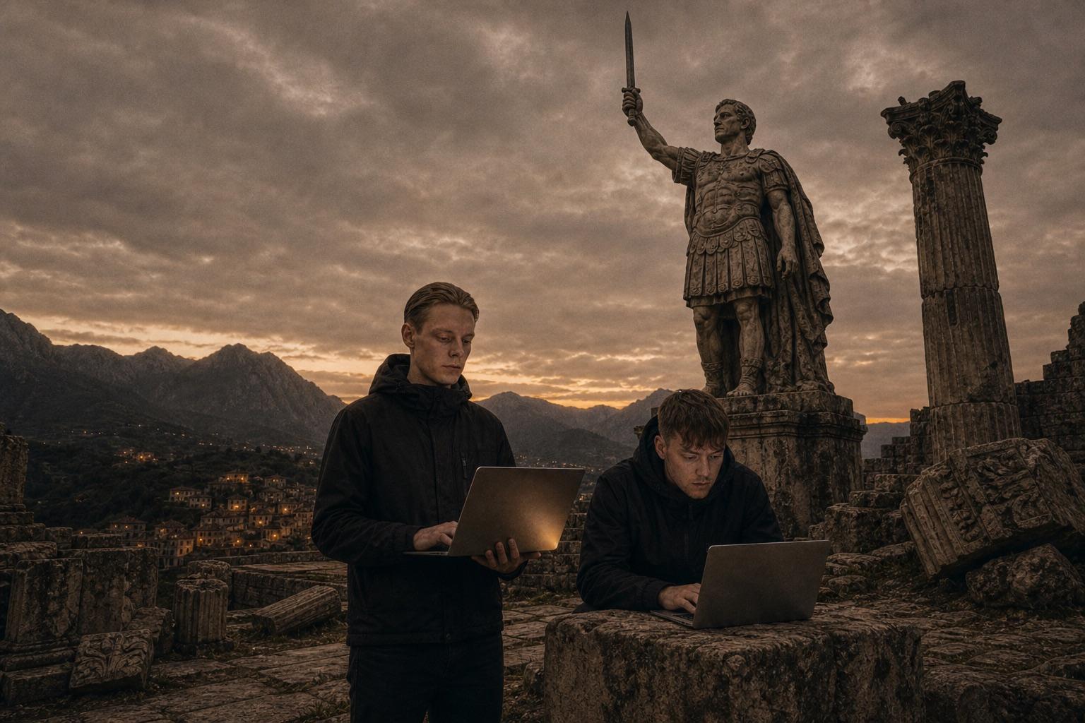 Zwei Personen mit Laptops vor einer römischen Statue, Schwert nach oben. KI-generiertes Bild.