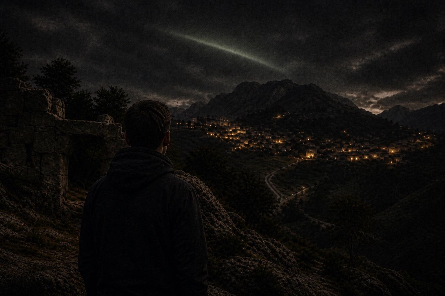 Ruinen und Bergdorf bei Nacht, ein Lichtstreif am Himmel. KI-generiertes Bild.