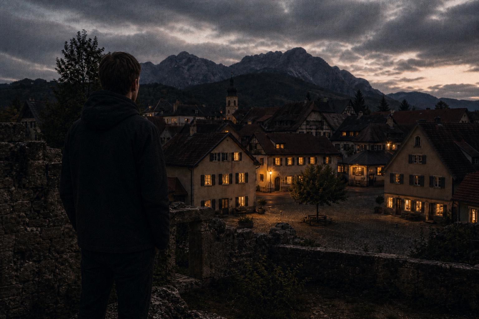Person in dunklem Hoodie auf den Ruinen über einer kleinen Stadt. KI-generiertes Bild.